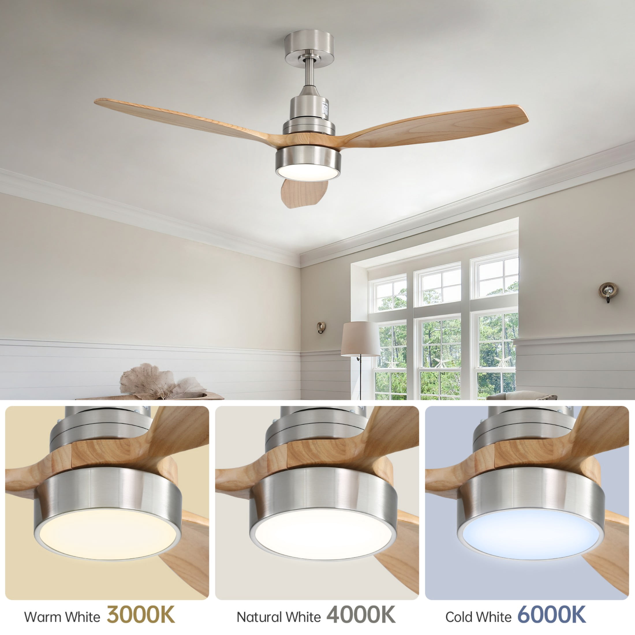 Sofucor 52 Inch 3-Blade Wood Ceiling Fan with Light, Brushed Nickel Finish, Dimmable LED 3-Color Light, DC Motor, 6-Speed Remote, Reversible Airflow, Timing Function, Modern Ceiling Fan