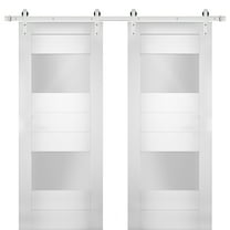Modern Double Barn Door 56 x 96 inches with Opaque Glass 2 Lites / Sete 6222 White Silk / Stainless Steel 13FT Rail Track Set / Solid Panel Interior Doors