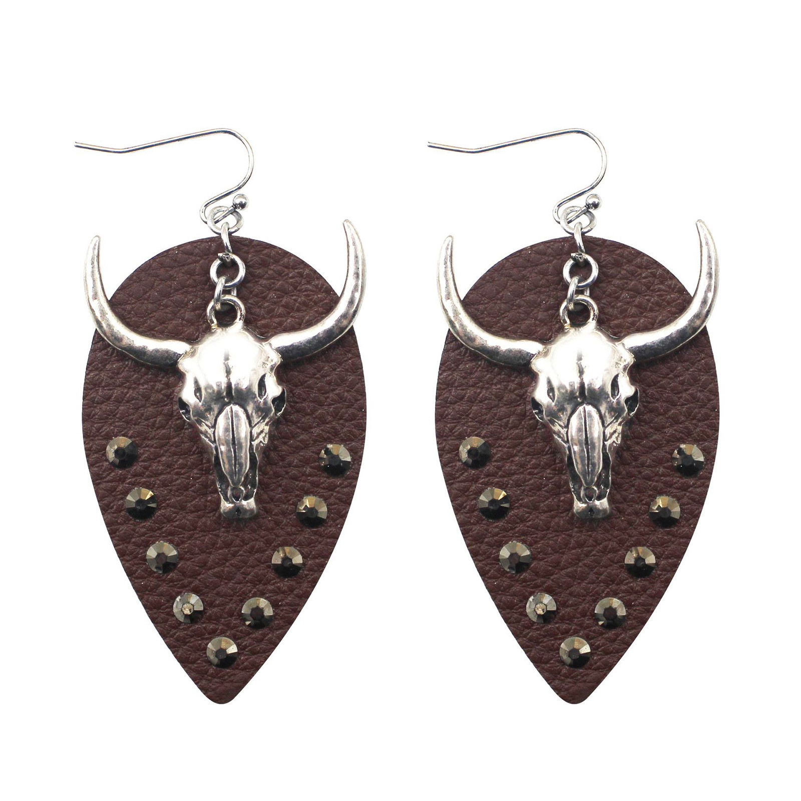 Western Cowboy Cow Head Leather Earrings Point Diamond Rhinestones