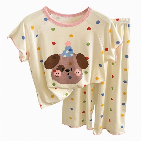 WUANDIXFA Toddler Pajamas 1-10 Years Cotton Cute Summer Fall Short Sleeve Shirts Pant Casual Outfit Baby Girl Pajamas,Brown,1-2 Years