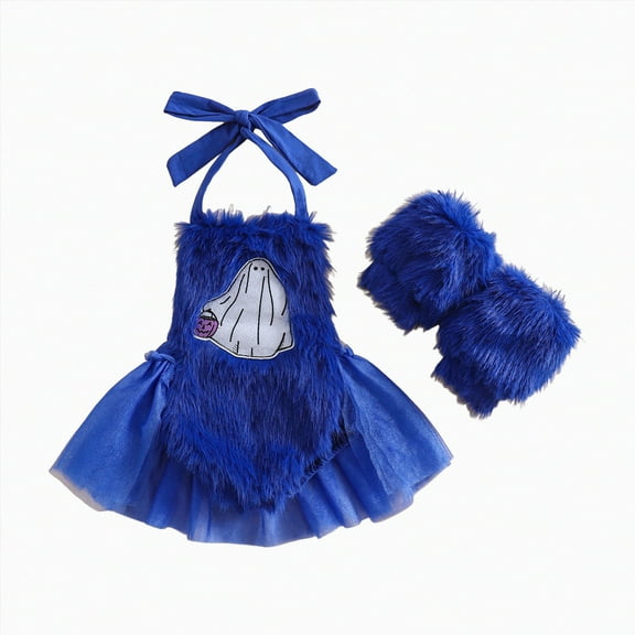HCNTES Baby Girl Halloween Outfits Furry Patchwork Embroidery Sleeveless Neck Romper(Blue&2,0-6 Months)