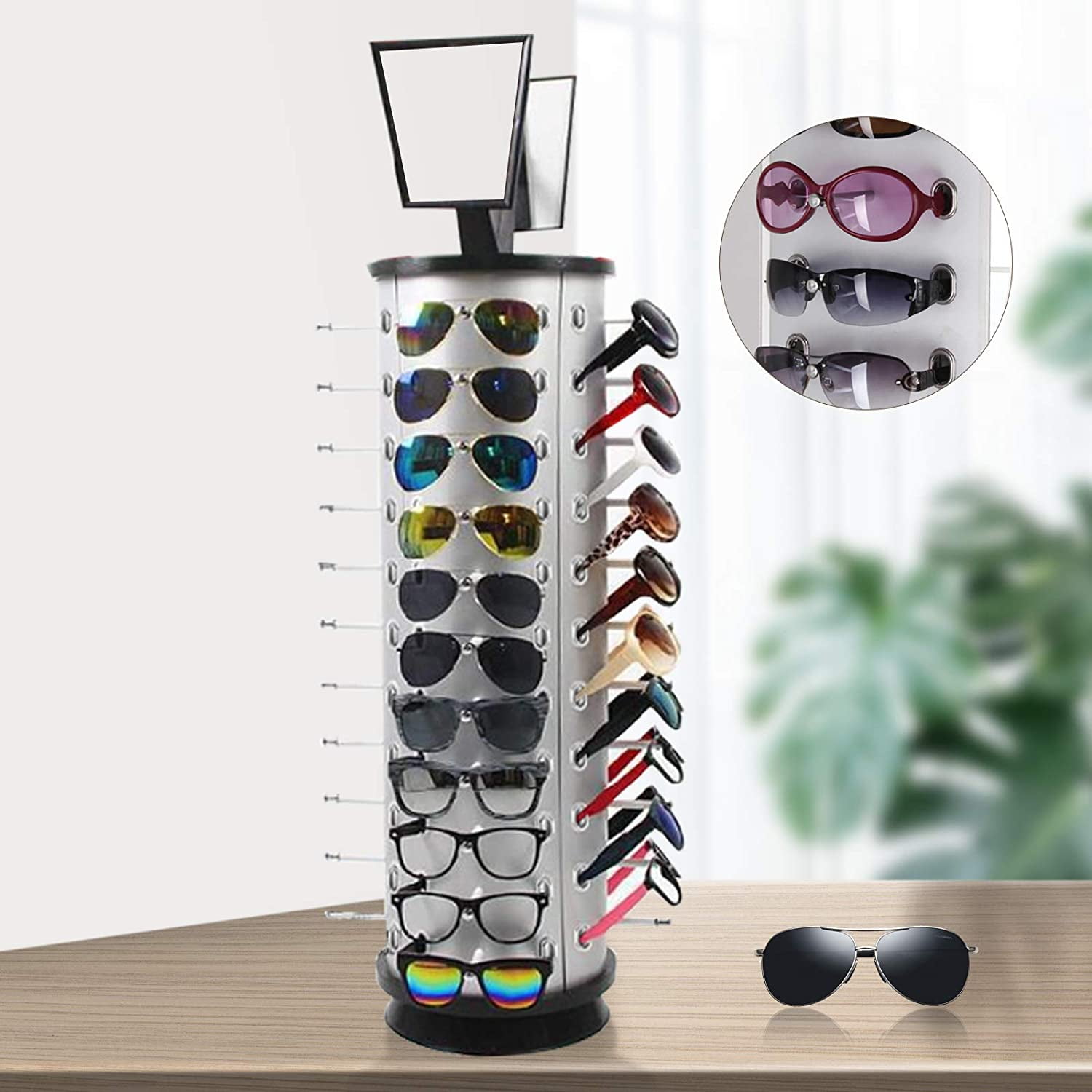 SHZICMY 44 Pairs Glasses Display Stand, Sunglasses Display Rack with Mirror  360° Rotating 