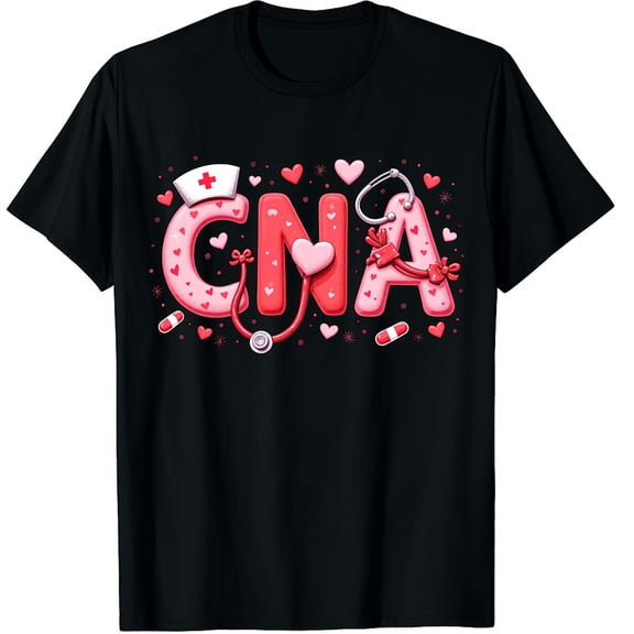 Valentine CNA Nurse Coquette Bow Stethoscope Graphic Crew Neck Short Sleeve T-Shirts (Men's, Women's)