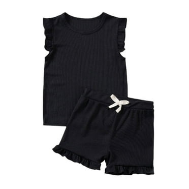 WOYY Toddler Girls Summer Outfits Cotton Solid Ruffle Tank Top Shorts Set, Sizes 2-3T
