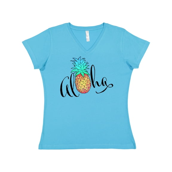 Inktastic Aloha- in Cursive with Pineapple Rainbow Colors Women's V-Neck T-Shirt