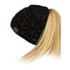 C.C BeanieTail Soft Stretch Cable Knit Messy High Bun Ponytail Beanie Hat, Confetti Black