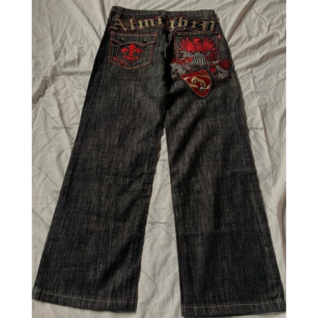 Pantalones vaqueros bordados con monograma para hombre, jeans góticos de pierna ancha, moda Harajuku, High Street, americano, y2k1