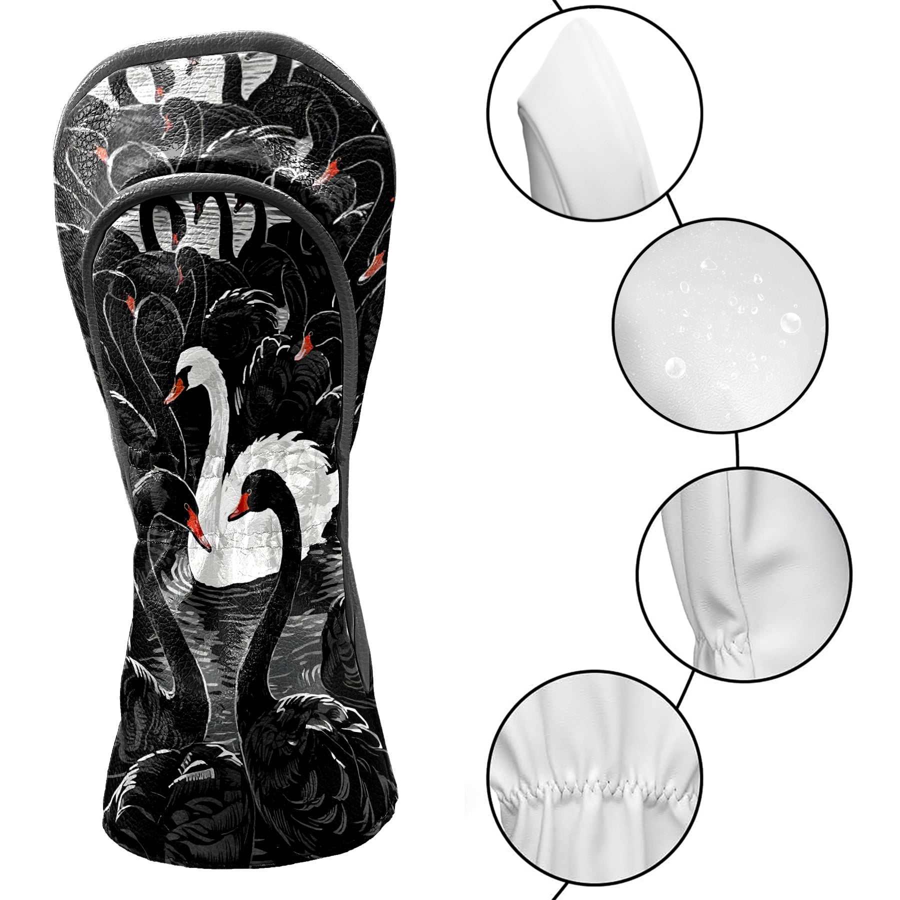Golf Club Covers, Black And White Swan Premium PU Leather Driver Hybrid Putter Head Covers with Velvet Lining, Waterproof Golf Gifts for Men Women
