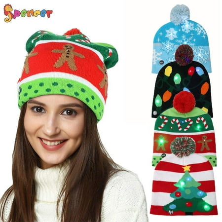Spencer Christmas LED Light Up Pom Pom Knitted Beanie Hat Crochet Winter Warm Cap Xmas Hat For Adults Kids 