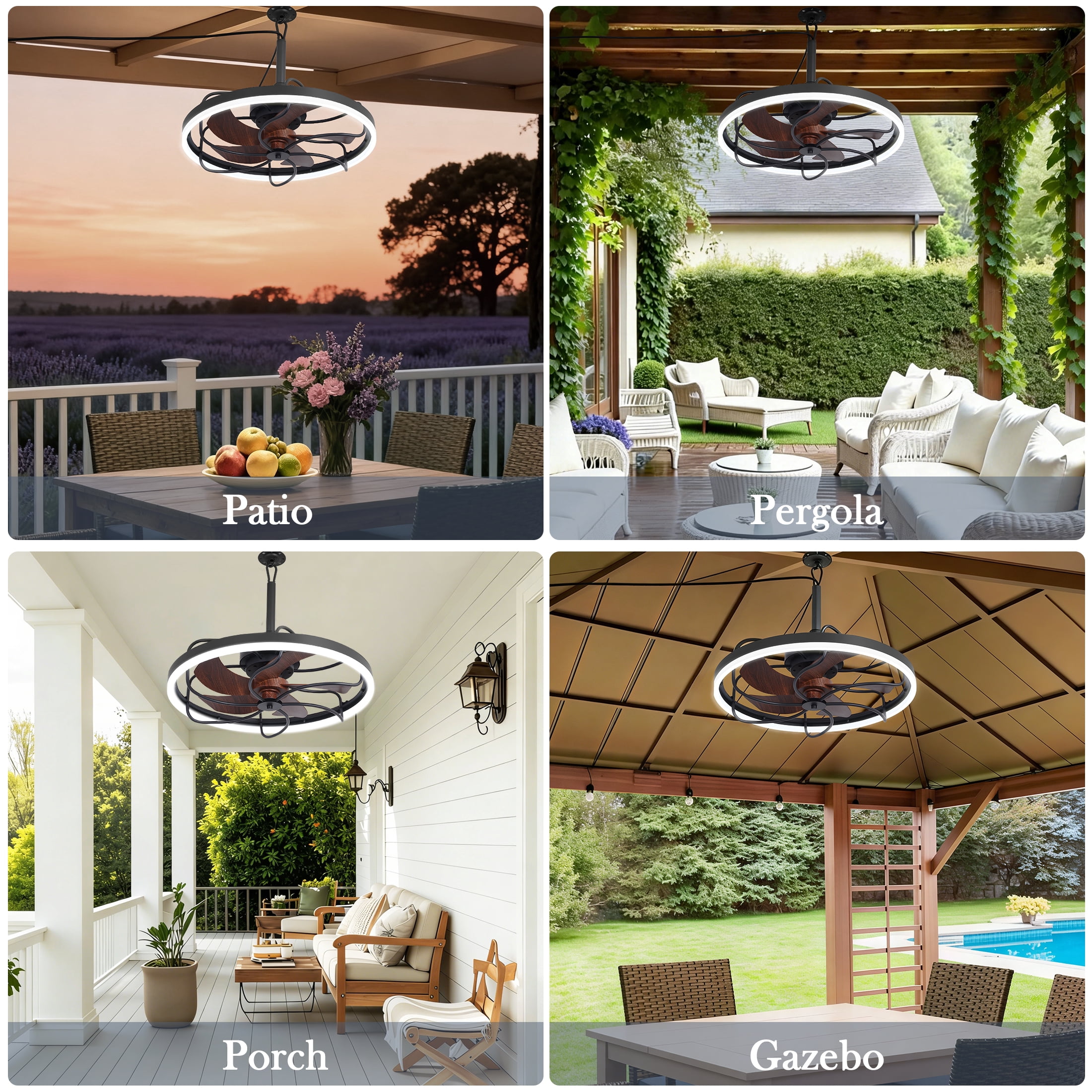 Erinnyees 20" Outdoor Ceiling Fan with Light and Remote Control,Waterproof Gazebo Fan,6 Speeds,3CcT Dimmable LED for Patio,Porch,Pergola,Black