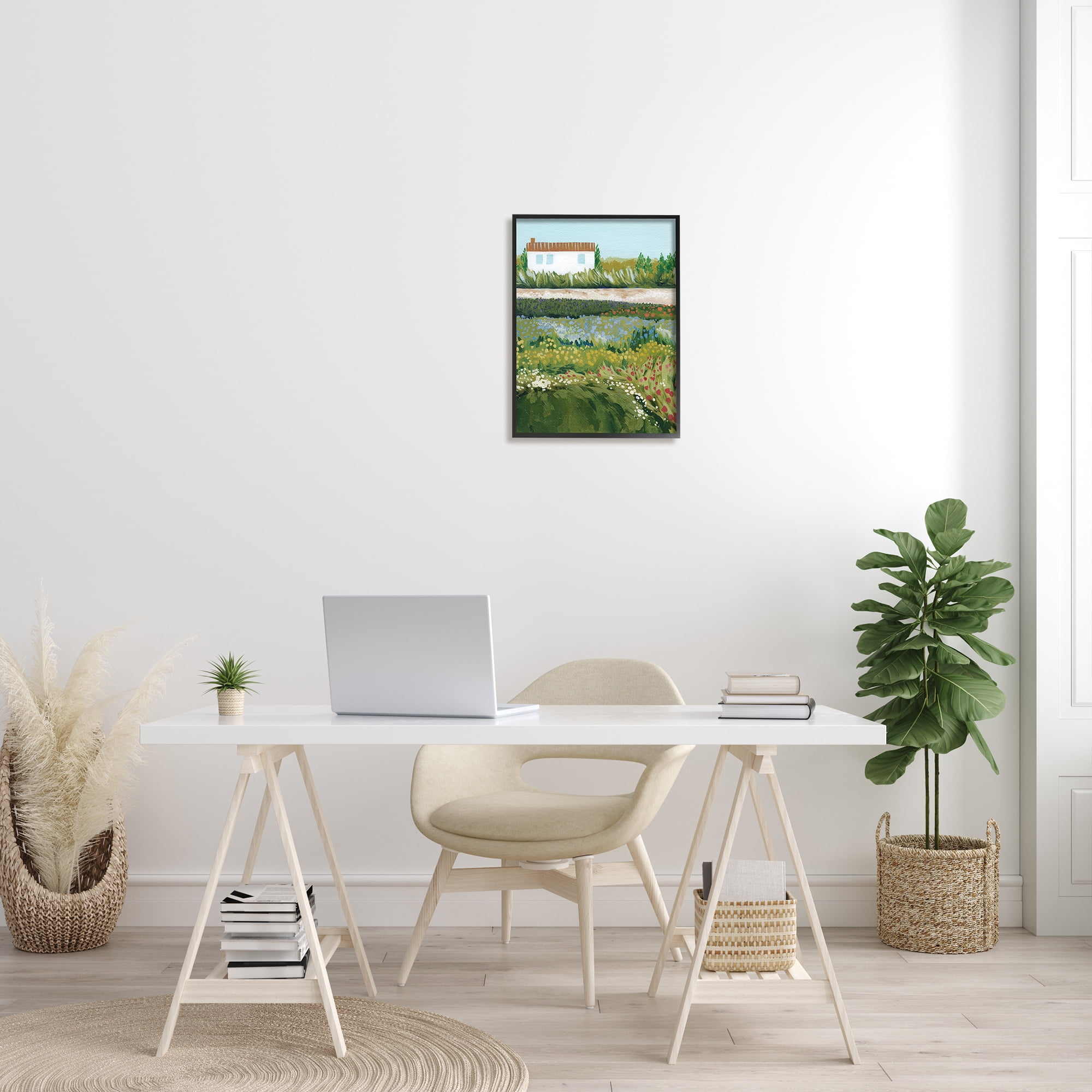 Stupell Rural Cottage Wildflowers Blooming Landscape Painting Black Framed Art Print Wall Art