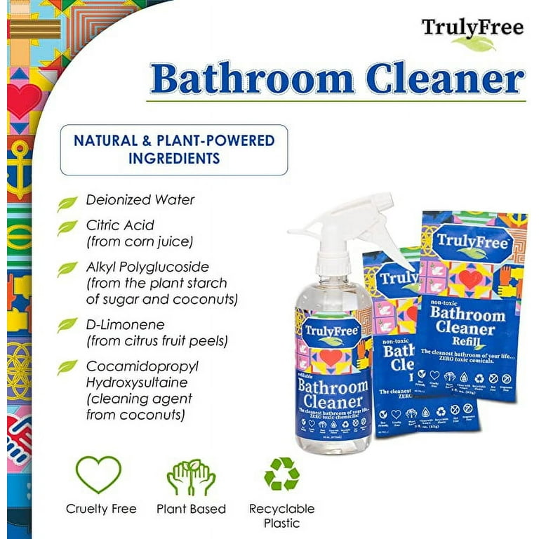 Truly Free Refillable Non-Toxic Bathroom Cleaner (2-Pack); Cleaning Spray  for Bathroom, Toilet, Sink, Tub, Shower; Includes: Empty 16 oz Bottle, 2  Refills (makes 16 oz each) 
