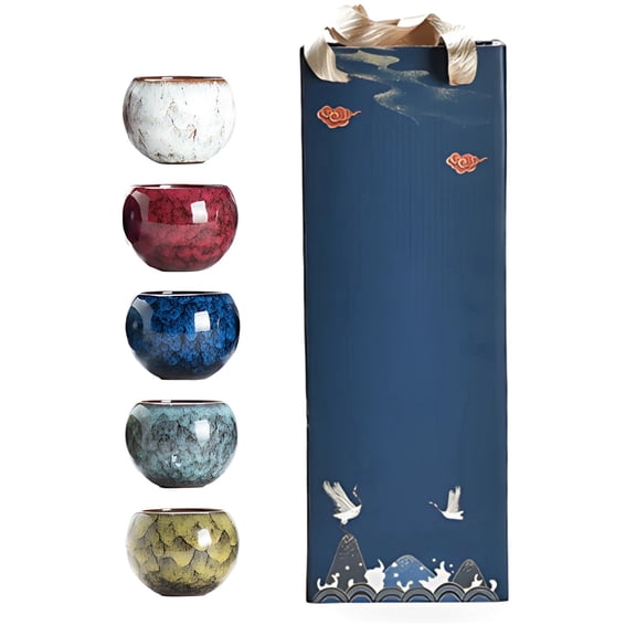 5 Pcs Jian Zhan Teacup Set, Handcrafted Glazed Ceramic Tea Bowl, 5.24 fl oz Chinese Tea Cup, Traditional Song Dynasty Style, Gift Box, Multicolor