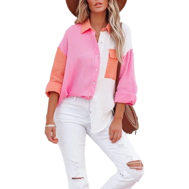 Kmbangi Blouse pour Femmes Couture Contrastée Manches Longues Col à Revers Fermeture à Boutons Chemise Décontractée Ample Polyvalente