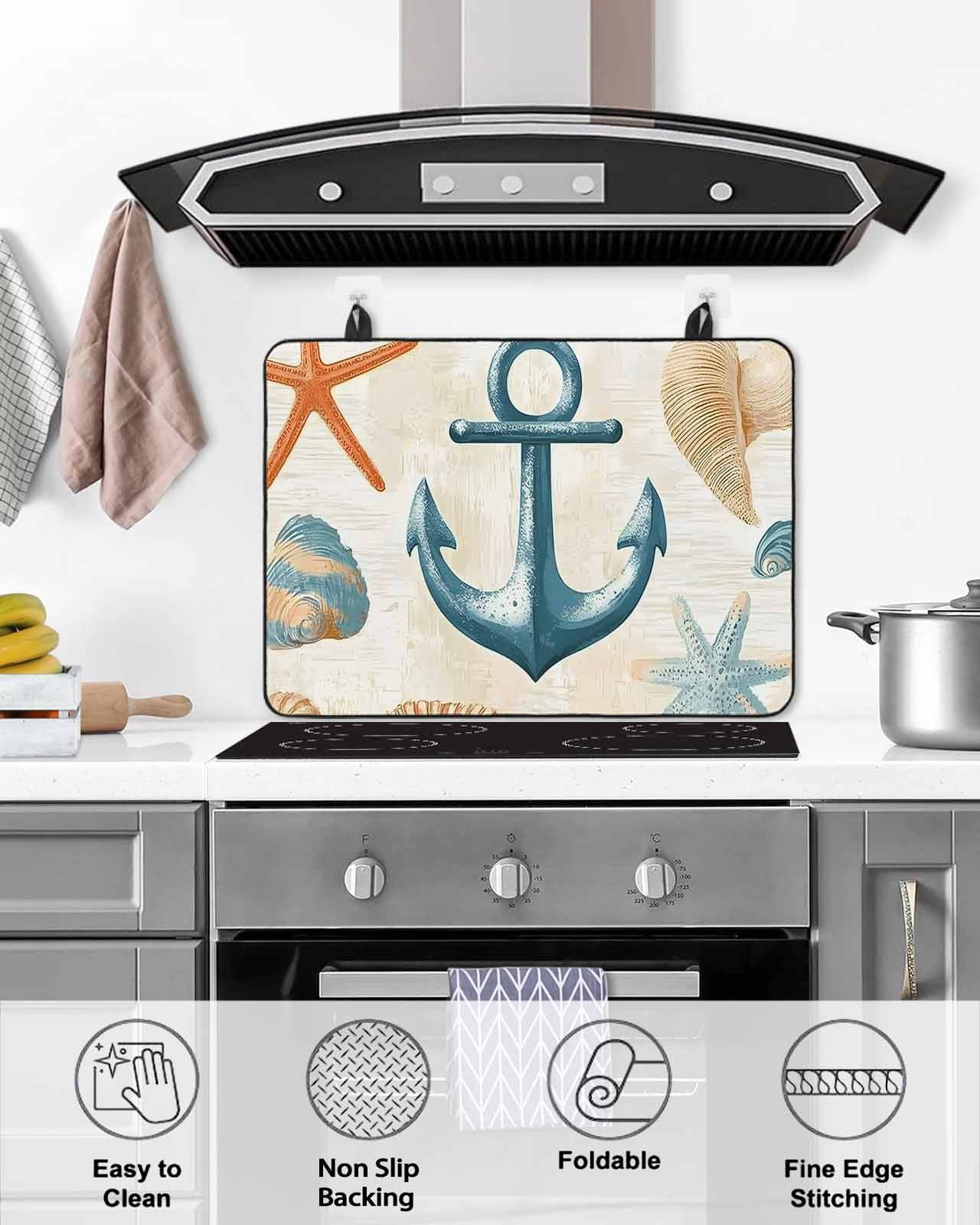 nqOlkjepod Large Induction Cooktop Protector Mat 28.5"x20.5", Nautical Anchor Stove Top Covers for Electric Stove, Coastal Ocean Vintage Starfish Shells Stove Burner Cover Mats Stove Cover