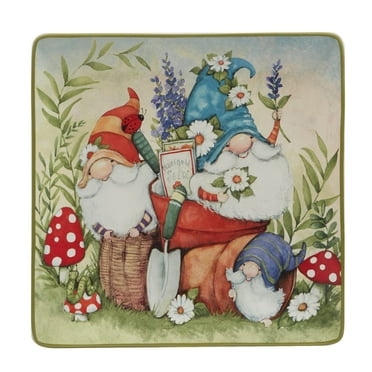 Certified International Garden Gnomes 12.5" Square Platter, Multicolor