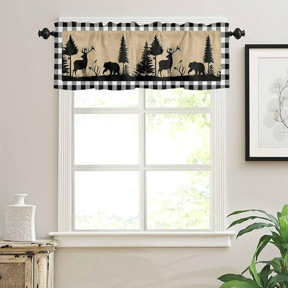 Curtain Valances for Windows Treatment Tier Curtains 54x18 In, Christmas Black White Buffalo Check Short Valance Curtain Rod Pocket Curtains for Kitchen, Forest Polar Bear Black Pine Tree Rustic