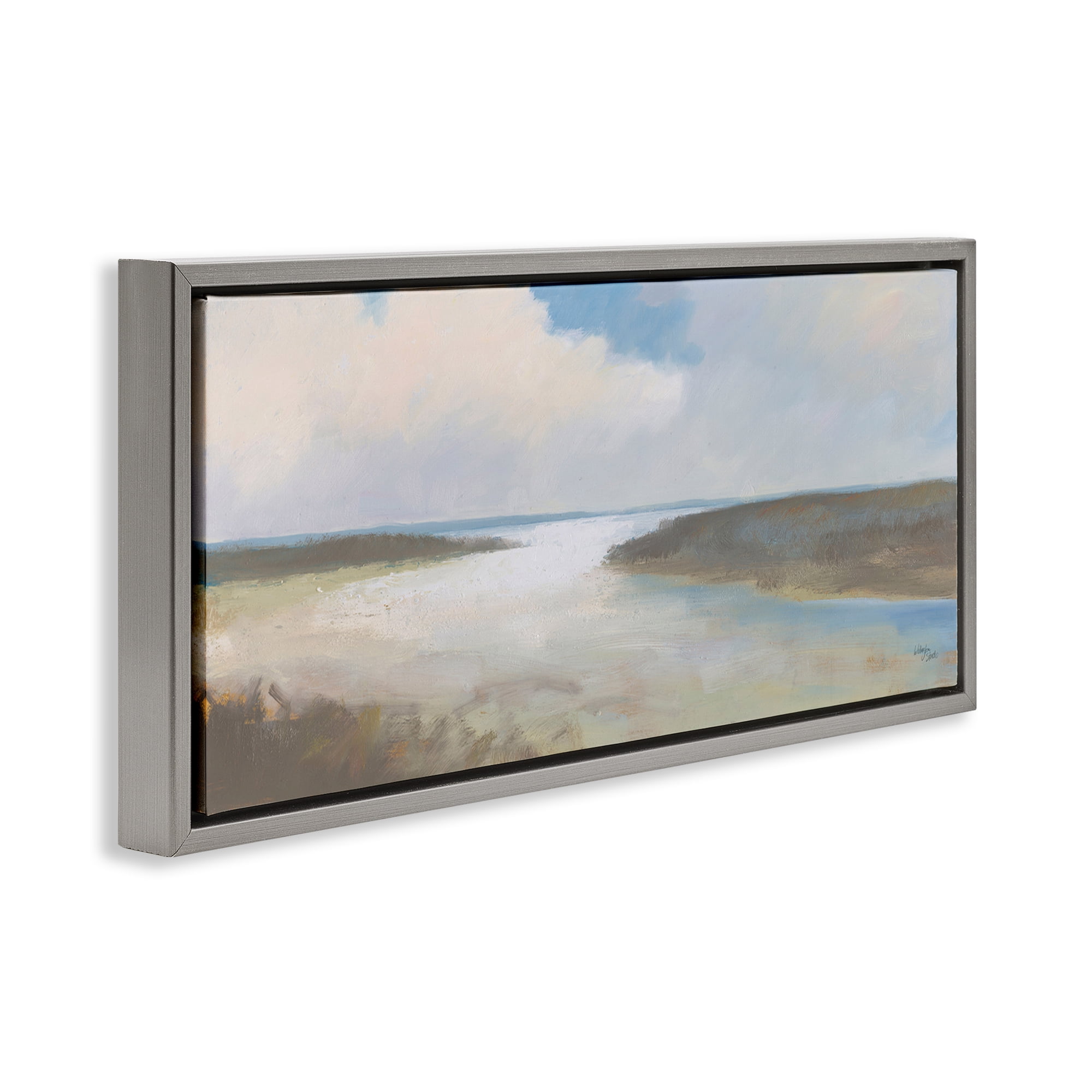 Stupell Industries Soft Coastal Shore Nautical & Beach Painting Gray Floater Framed Canvas Art Print Wall Art, 25 x 11