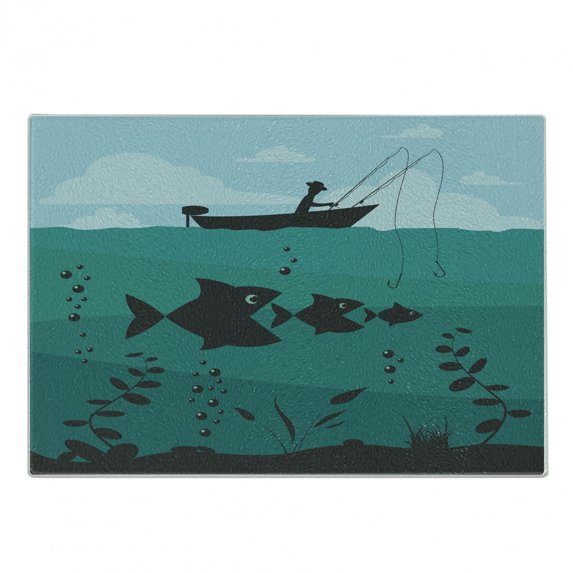 Fishing Cutting Board, Single Man in Boat Luring Bobbins Nautical Marine Sea Nature Funky Image Print, Decorative Tempered Glass Cutting and Serving Board, Small Size, Blue Teal, by Ambesonne