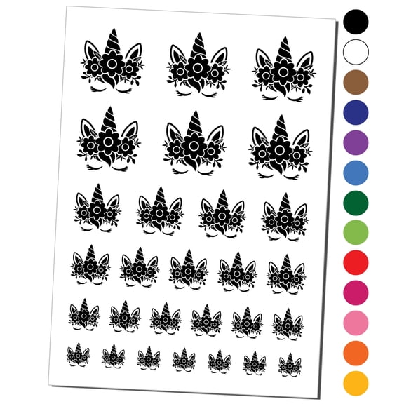 Pretty Sleepy Unicorn Face Water Resistant Temporary Tattoo Set Fake Body Art Collection - Black