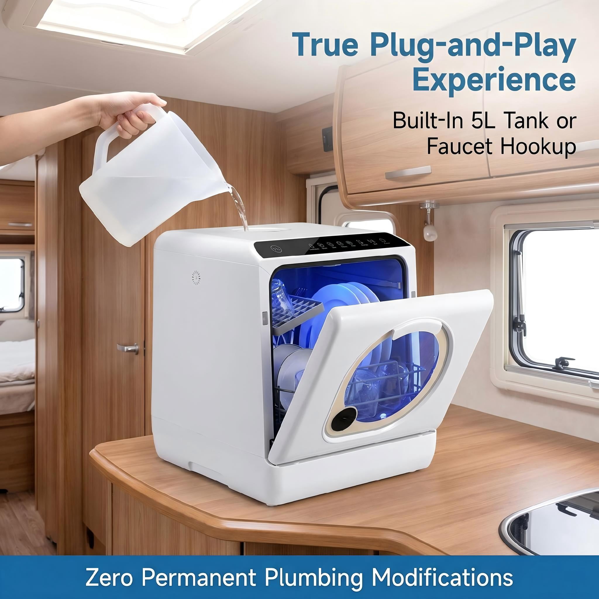 FUNGQI Portable Countertop Dishwasher with 5L Built-in Water Tank, 49dB Ultra-Quiet Mini Tabletop Washer, Upper & Lower Spray Arms, 5 Programs, Faucet Adapter for Apartments RVs, Matte White