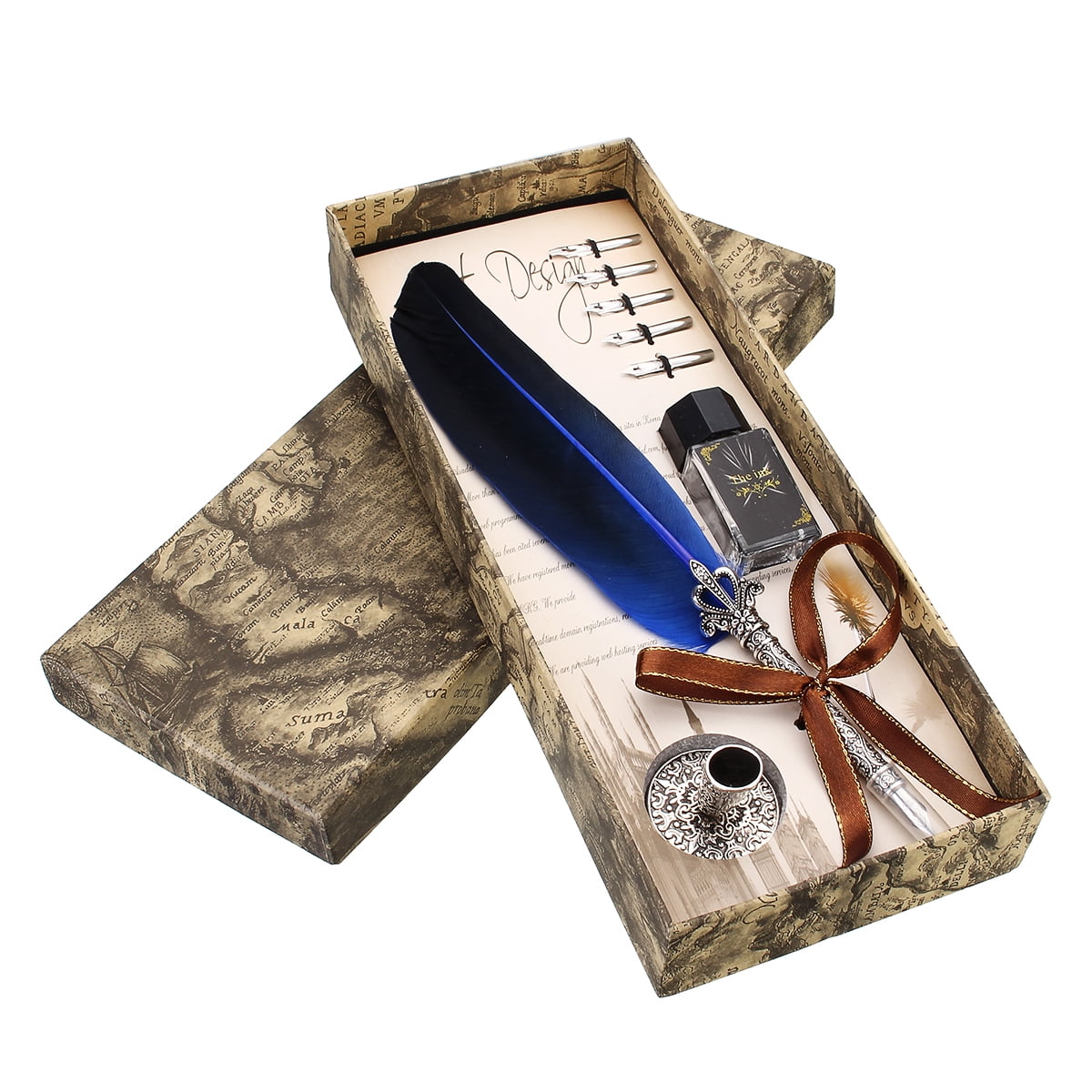 Vintage Feather Quill Dip Pen Set with 5Pcs Stainless Steel Nibs