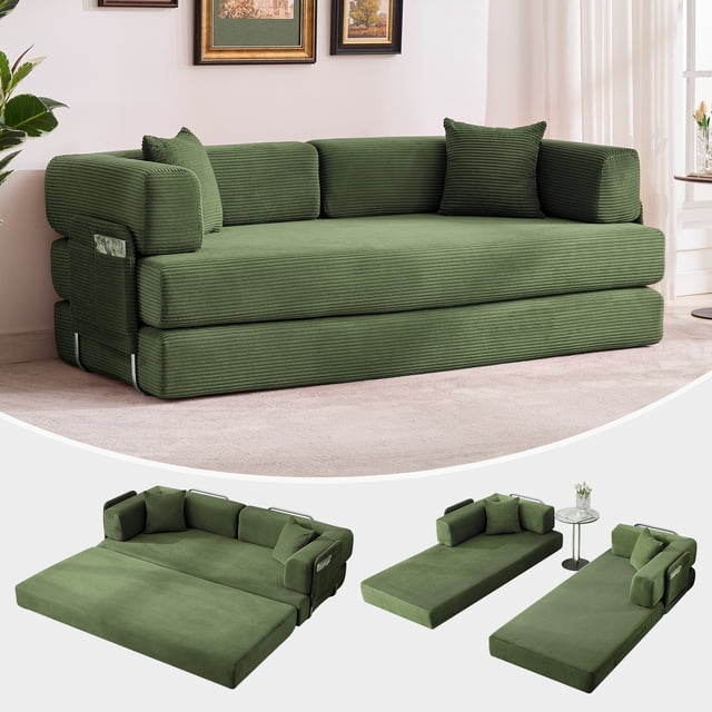 Gaderth 78.8 Inch Convertible Sofa Bed, 5 In 1 Modular Corduroy Sleeper Sofa with Adjustable Armrests, No Assembly Futon Couch Floor Bed for Small Living Room, Guest Room, Apartment