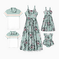 thumbnail image 1 of PatPat Ensembles Assortis pour la Famille Polo à Rayures Vert Ou Robe à Bretelles avec Ceinture à Imprimé Floral, 1 of 6