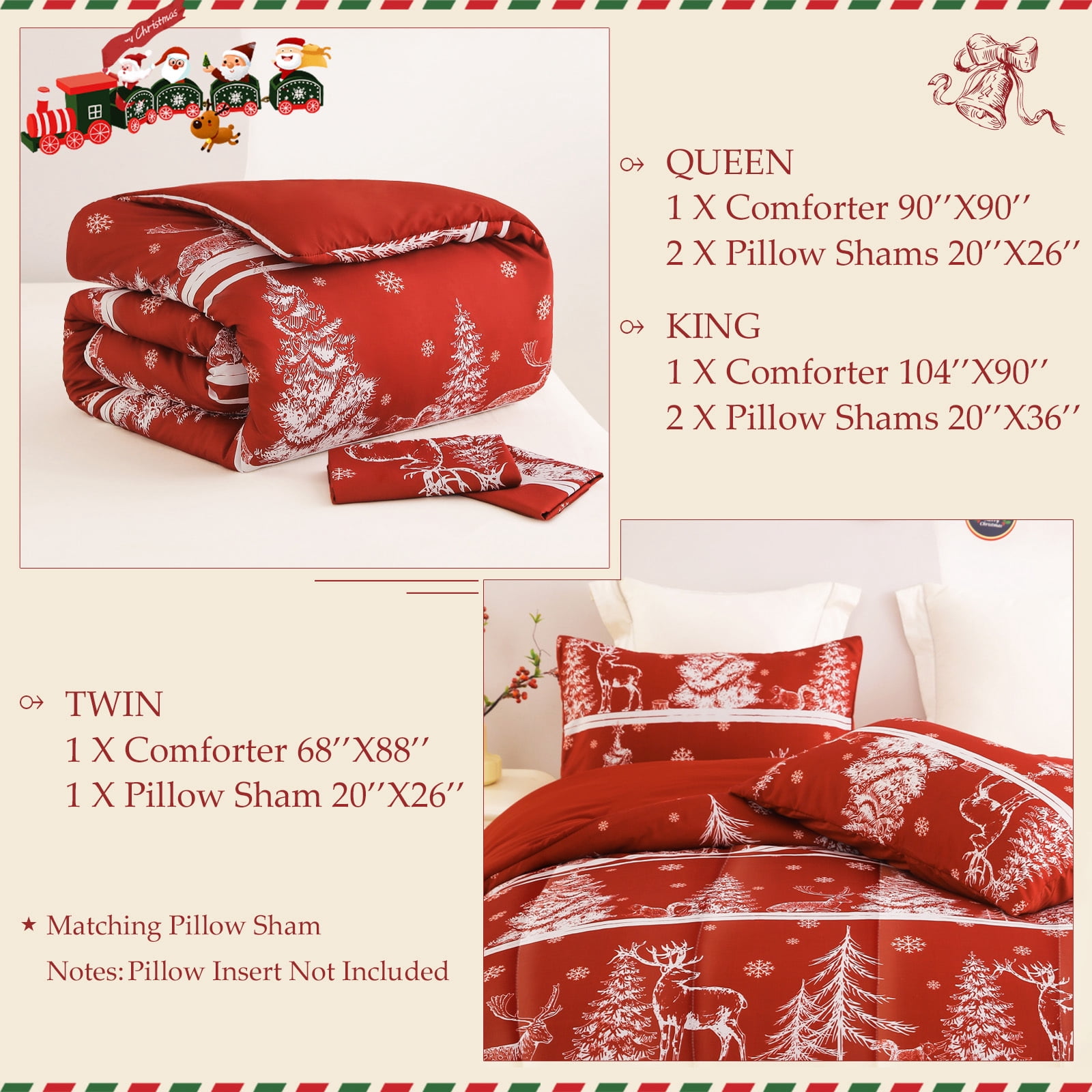 Exclusivo Mezcla Christmas Twin Size Comforter Set, 2 Pieces Reversible Rust Red Striped Down Alternative Comforter Sets, Printed Christmas Trees Snowflakes Pattern