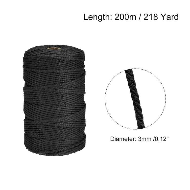 Uxcell Cotton Rope Twine String Twisted Braided Cord, Black 200m/218 Yard  for Wall Hanging, Macrame Knotting