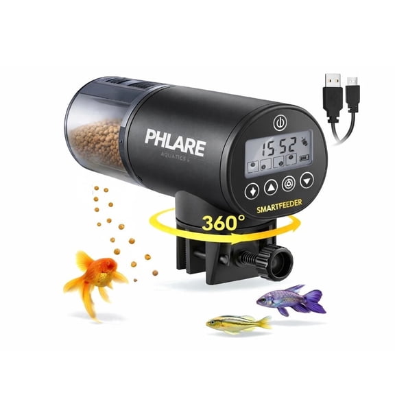 PHLARE Aquatics Automatic Fish Feeder, Rechargeable 200ml Food Dispenser with Programmable Timer