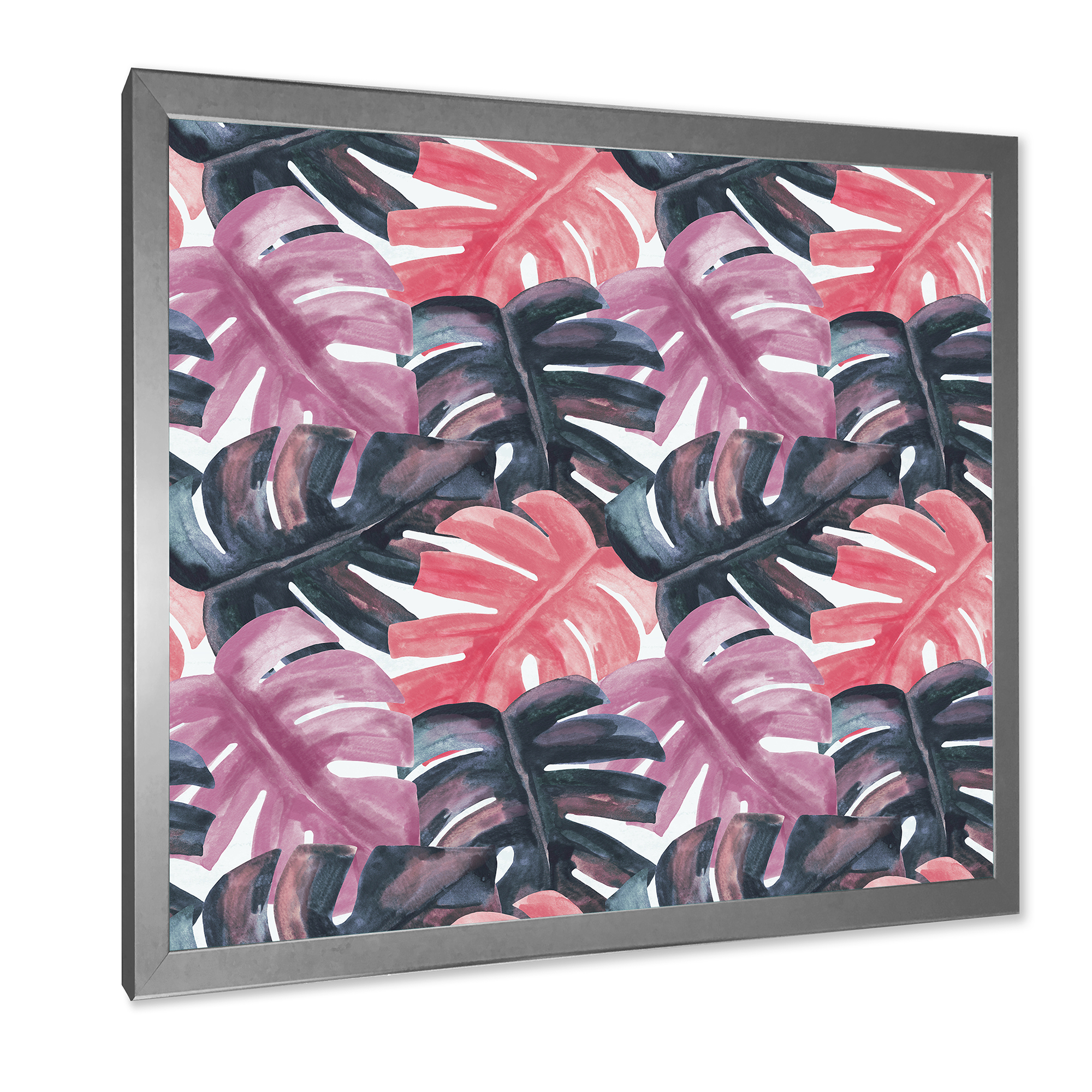 Designart 'Black and Red Monstera On Rough Brush Strokes II' Tropical Framed Art Print