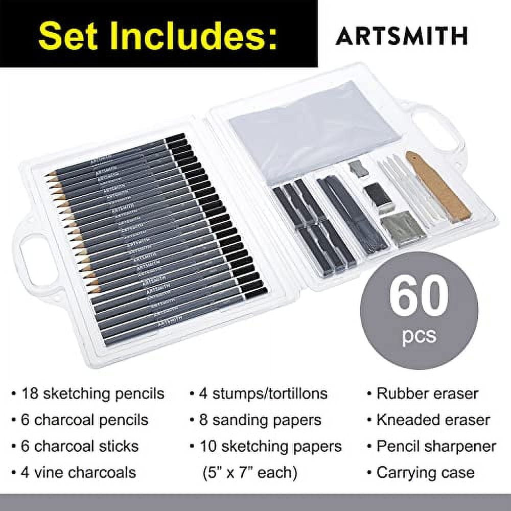 artsmith colored pencils drawing kit 60pc - drawing pencil set with  pastels, graphite, and supplies for sketching 