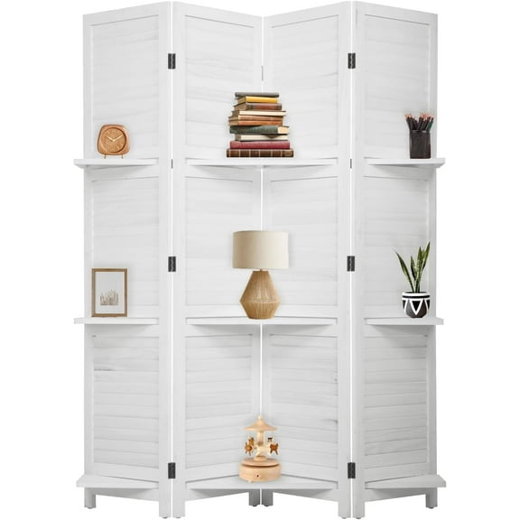 4 Panels Room Divider,Privacy Wooden Screenwith Shelves,Room Separators Divider Wall, Folding Room Dividers for Room Partition Separation, Partition Wall for Home Office, Study, Art Display,White