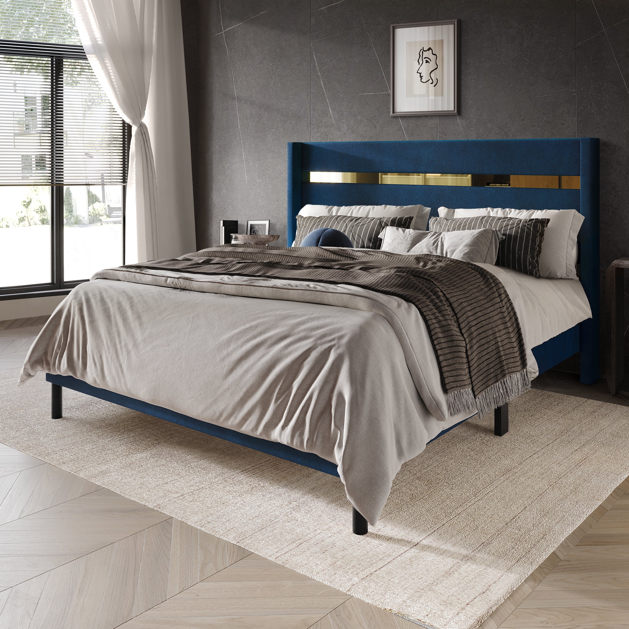 Castle Place Luxury Glam Velvet Wingback Twin Platform Bed with Gold Acrylic Accents, Navy Blue