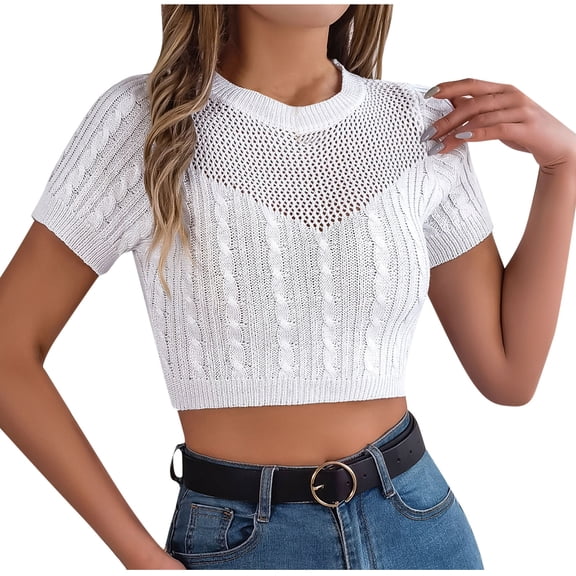 UYISJ Women's Cable Knit Crop Tops Short Sleeve Crew Neck Knit Sweater Solid Color Casual Slim Fit Hollow Out Sweaters XL