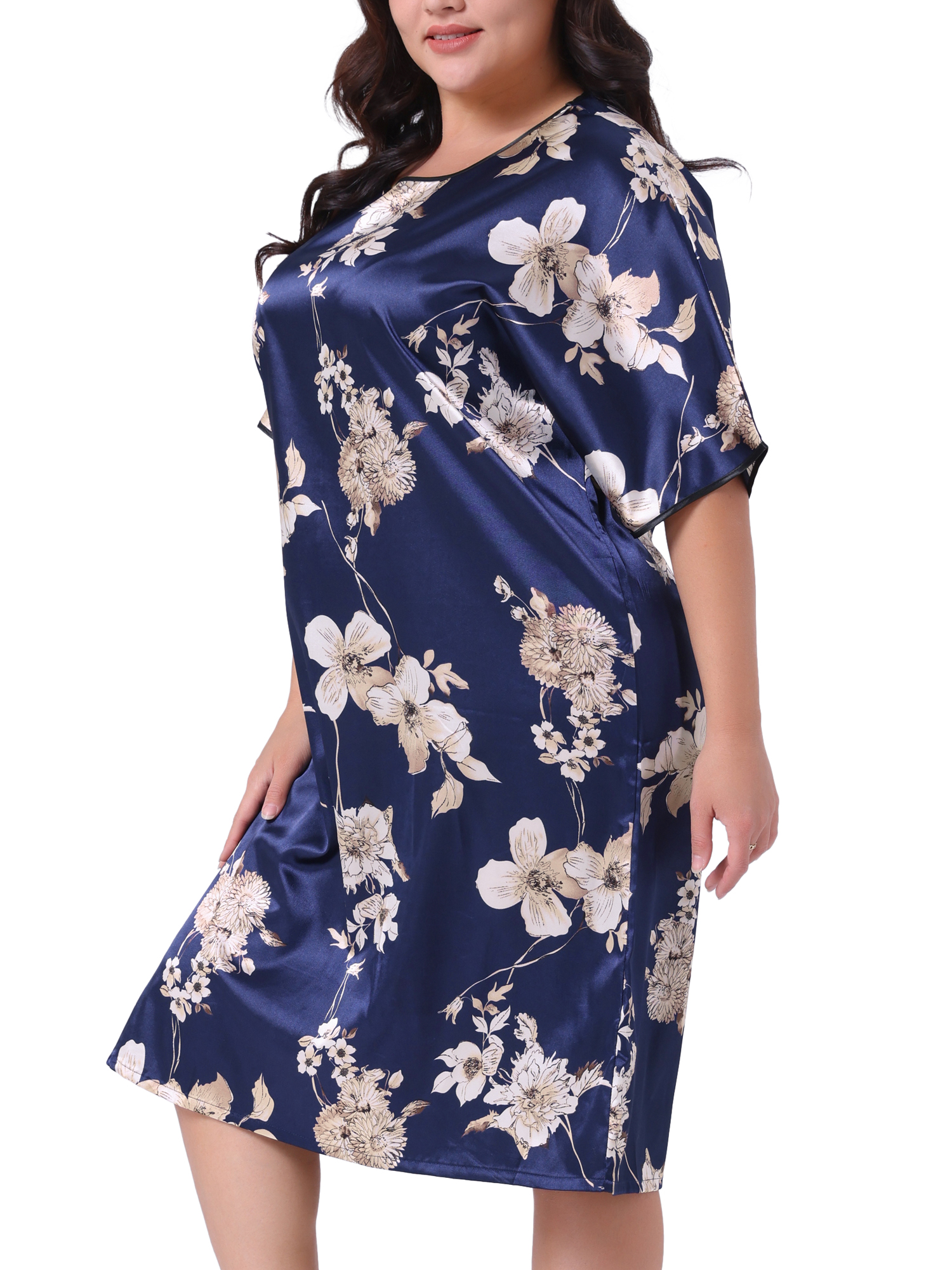 DARING DIVA Women's Plus Size Satin Floral Short Sleeve Round Neck Nightgown 4X Navy Blue