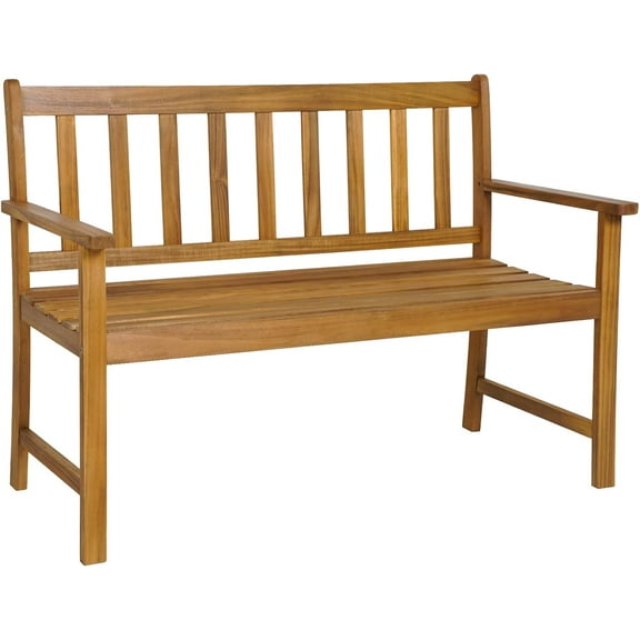 RONG-3 Patio Wood Bench with Ergonomic Backrest & Armrests, 2-Person Outdoor Bench, All-Weather Acacia Wood Frame, Loveseat Outside Bench for Garden Balcony Poolside Porch Deck