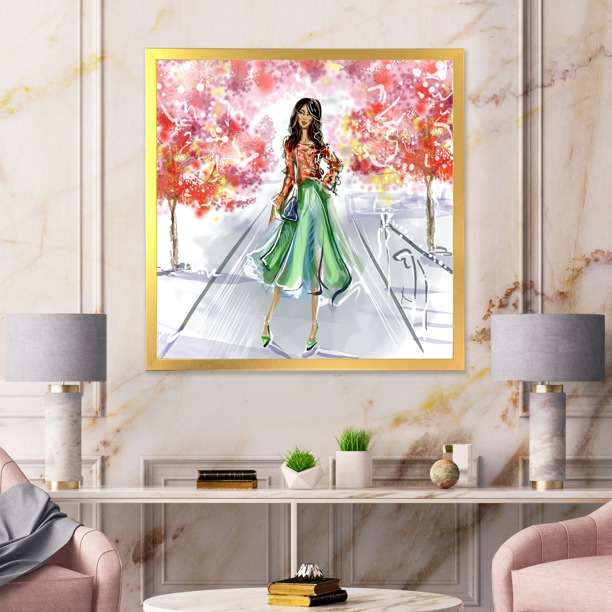 Beautiful Woman Wearing Fashionable Clothes In Park 30 in x 30 in Framed Painting Canvas Art Print, by Designart