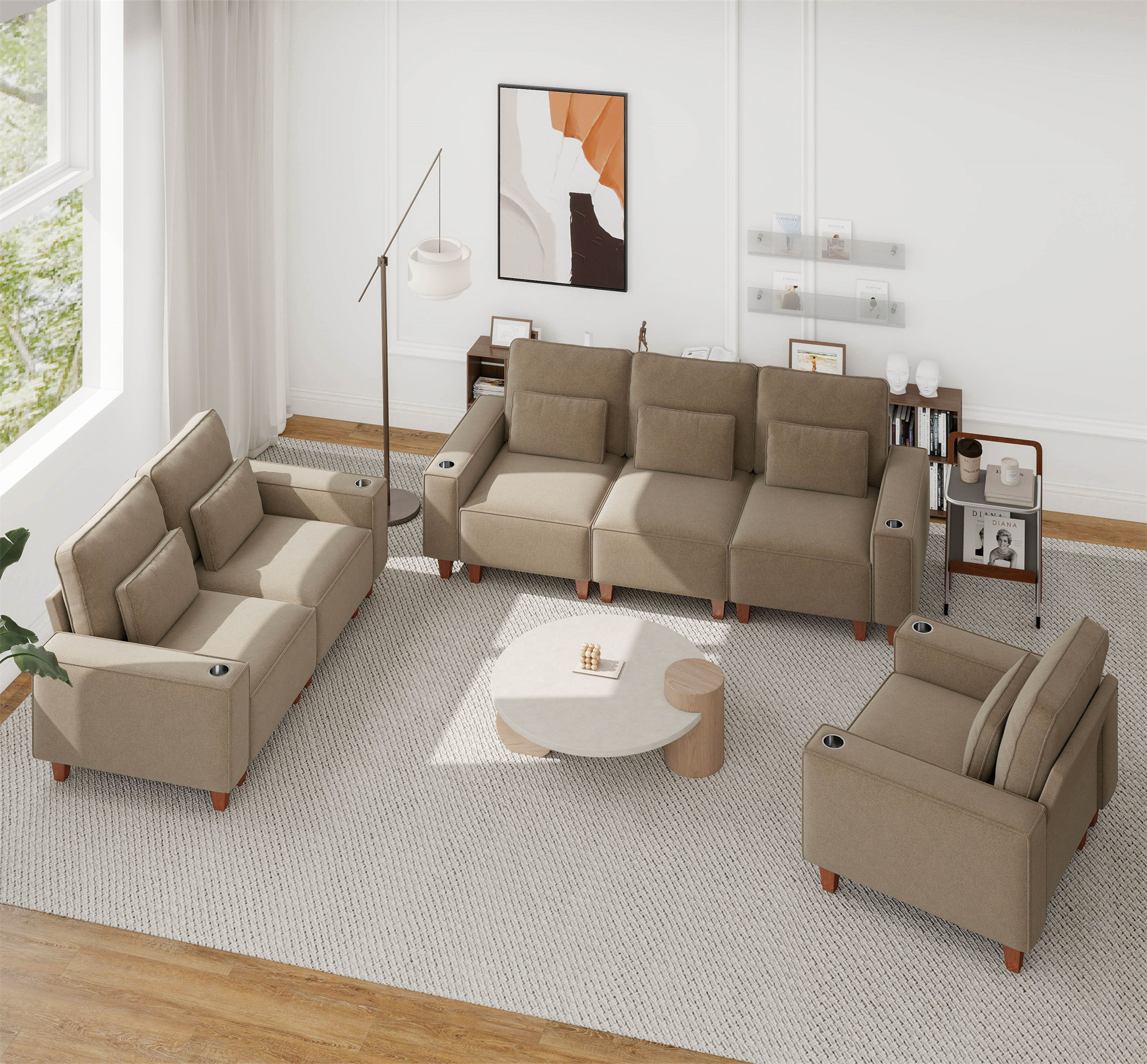 Aukfa 3 Piece Sofa Set - 43.5" Oversized Armchair Couch with Cup Holders&Pillows, Chenille, Khaki