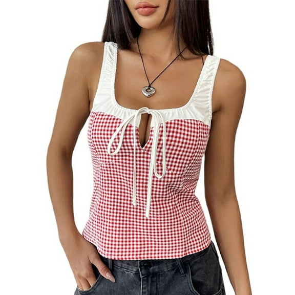 Women'S Gingham Tank Top Square Neck with Contrast Trim Tie Front Sleeveless Blouse Slim Fit Summer Top Red L