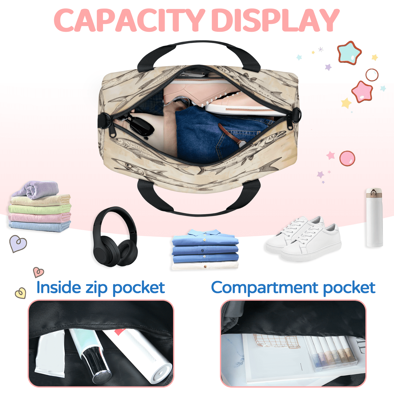 Herdesigns Vintage Fish Gym Bag for Women, Duffle Bag for Travel Sport, Lightweight Waterproof Carry on Weekender Overnight Dance Yoga Workout Bags