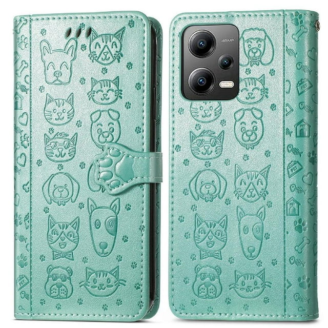 Funda Cartera FOXDOCK para XIAOMI POCO X5 , Flip PU con Relieve de Gatos y Perros, Tarjetero y Soporte