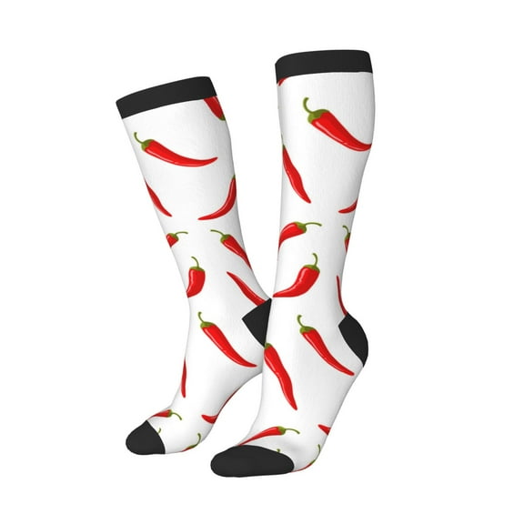 Knee High Socks for Women Men Athletic - Chili Pepper red pattern Thigh-High Black Sole Comfort Breathable Long Socks for Casual Travel Running