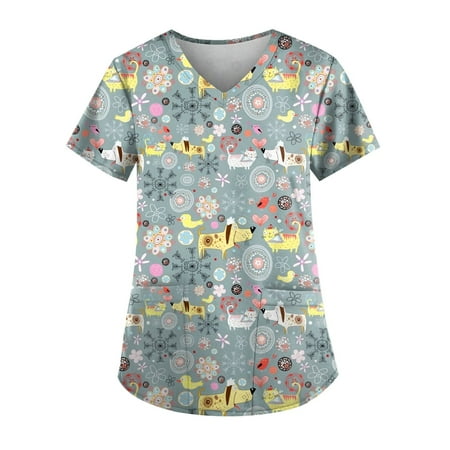 

Knosfe Women s V Neck Animal Print Summer Scrub Top Plus Size Short Sleeve Pockets Casual Workwear 3XL