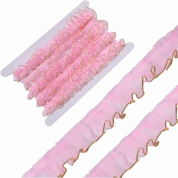 10M Pink Ruffle Pleated Lace Trim Glitter Gold Double Ruffled Edge Organza Ribbon Gathered Sheer Mesh Fabric Trimming Bulk for DIY