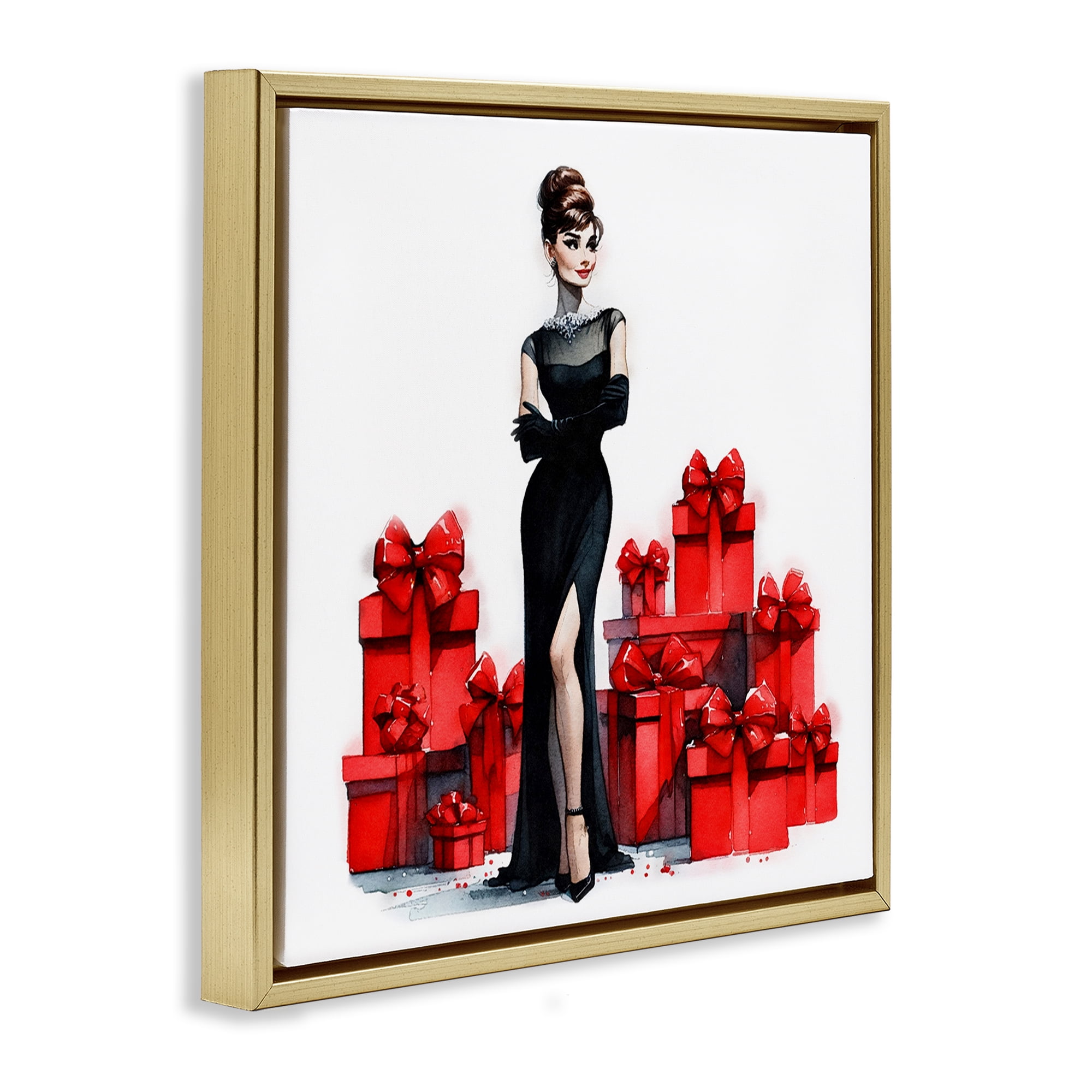Stupell Industries Elegant Woman & Gifts Holiday Painting Gold Floater Framed Canvas Art Prints Wall Art, 18 x 18