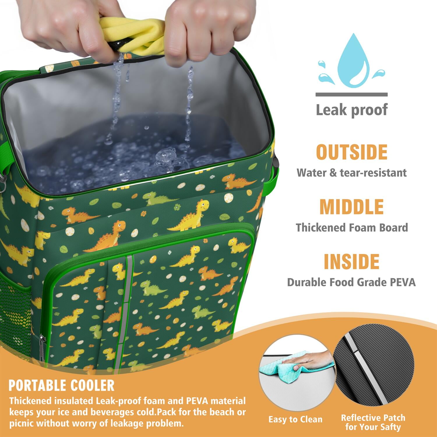 Travel Cooler Bag - Green Cartoon Dinosaurs Eggs Pattern Camping Beer Cooler Backpack with Bottle Opener- Waterproof Insulated Picnic Backpacks - Cooler Bag for Beach