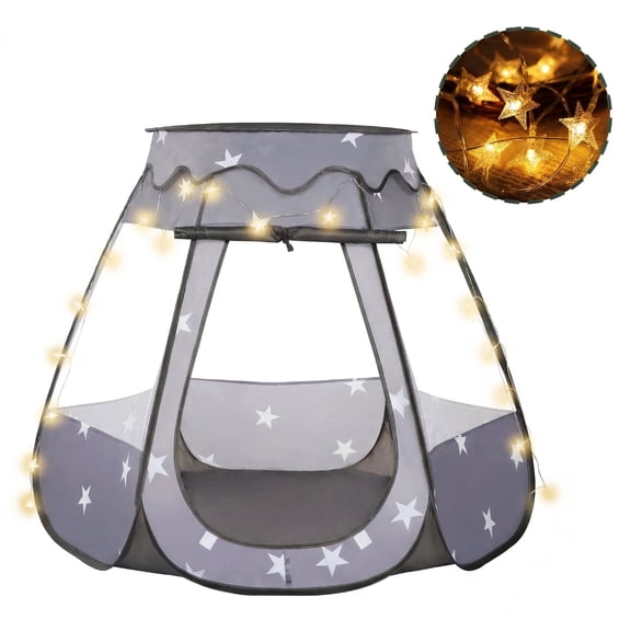 PigPigPen Pop Up Play Tent with Star Lights, Portable Castle Playhouse for Toddlers, Indoor Outdoor, Carry Bag, Black