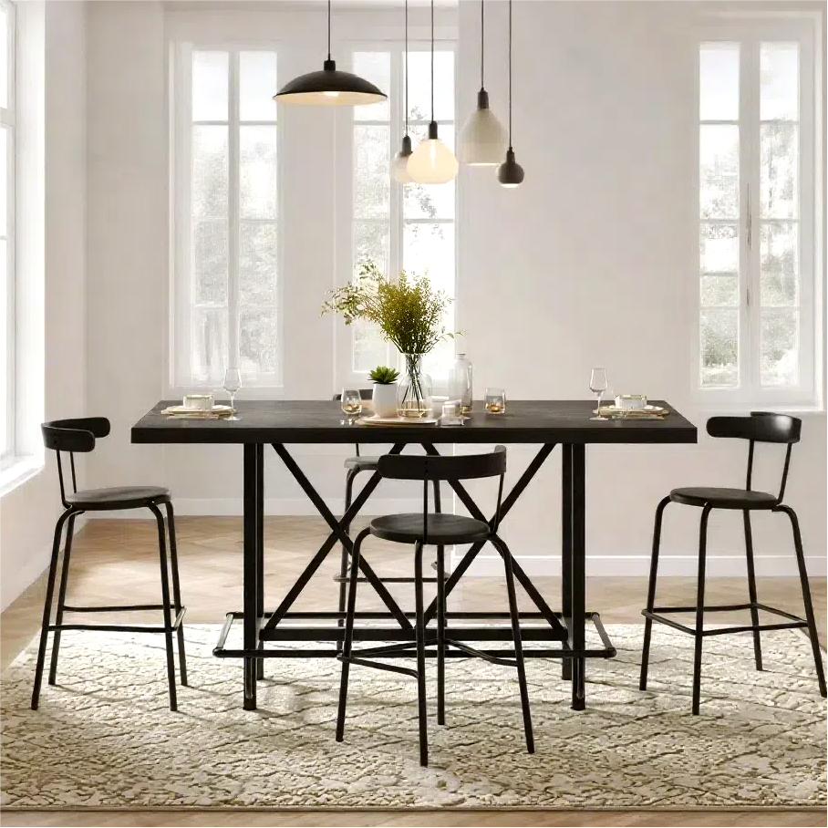 Fnova 35.4" Tall Dining Table, Rectangular Counter Height Kitchen Table with Metal Footrest for 6 People